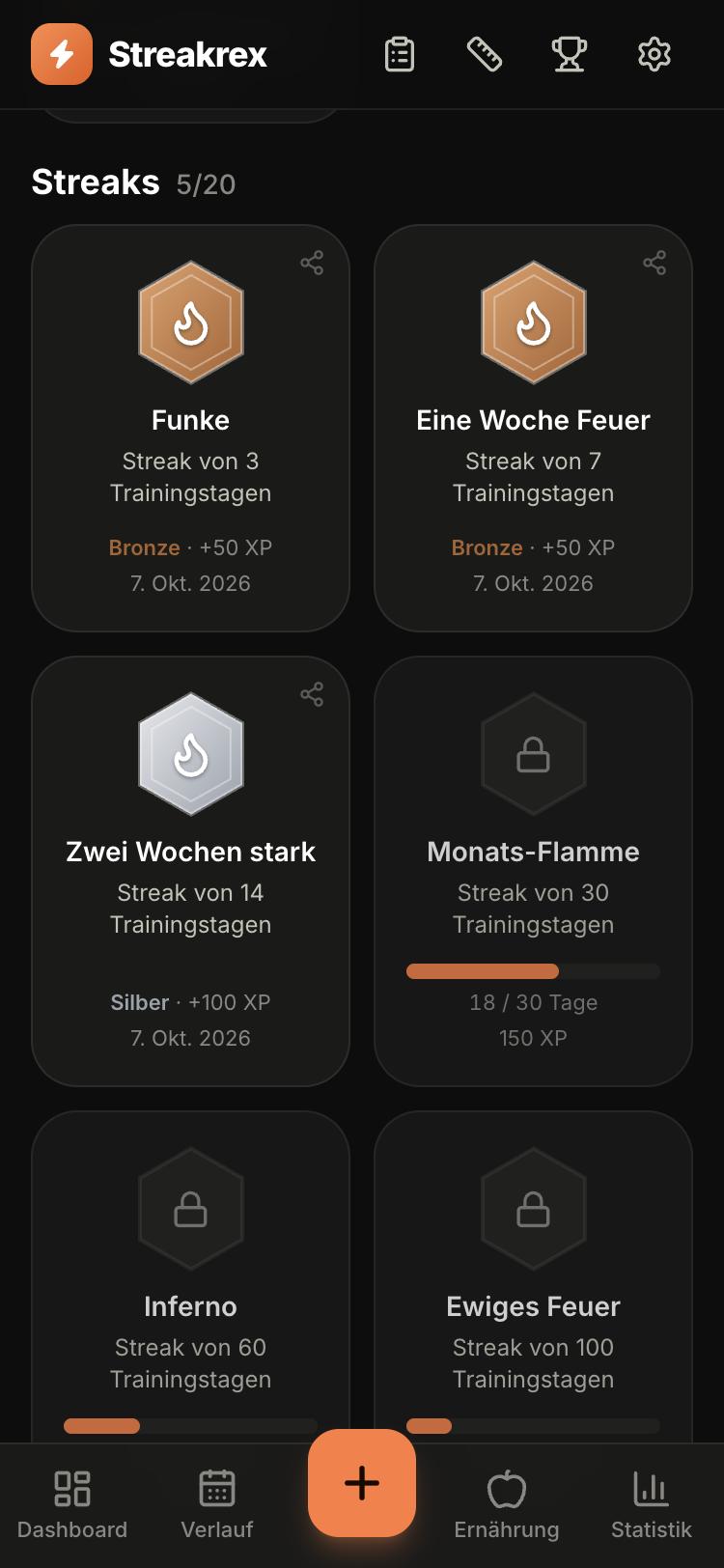 Erfolge-Seite mit Streak-Medaillen in Bronze und Silber